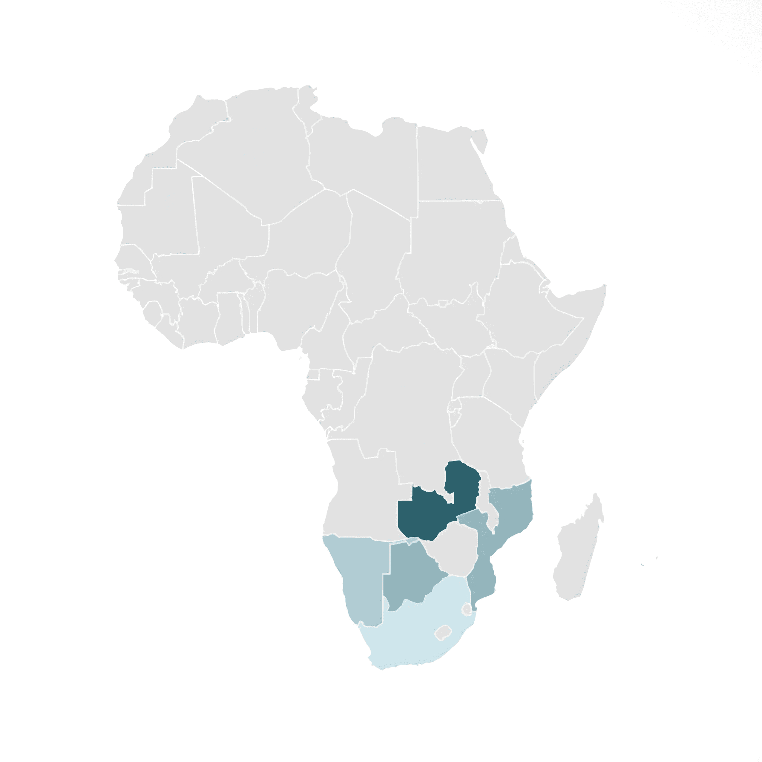 Map of Africa showing Sub-Saharan project locations including Zambia, Mozambique, Namibia, South Africa and regional markets